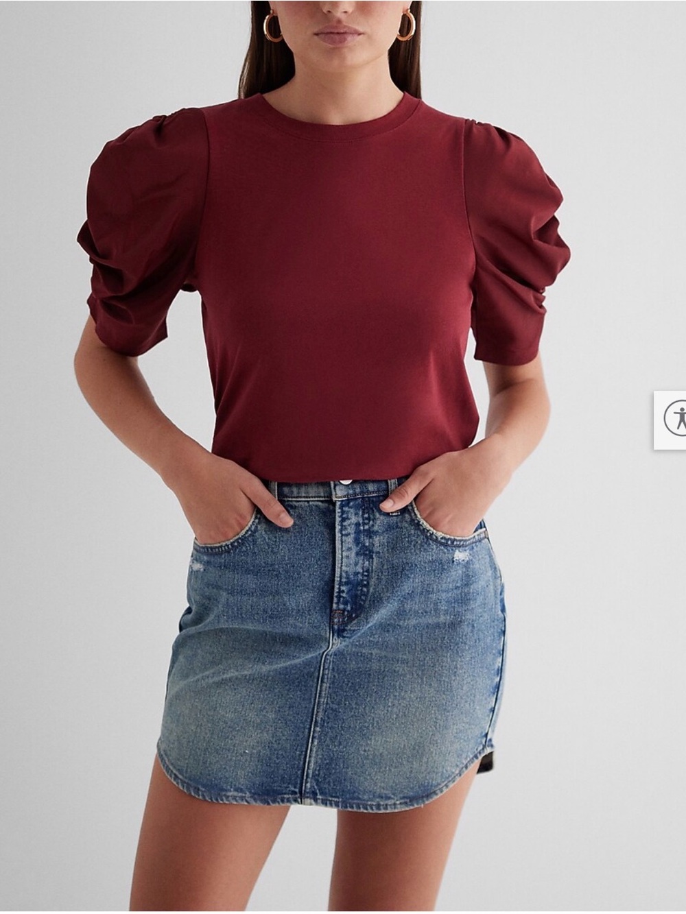 Express Skimming Puff Sleeve Tee in Burgundy Mixed Media Size M